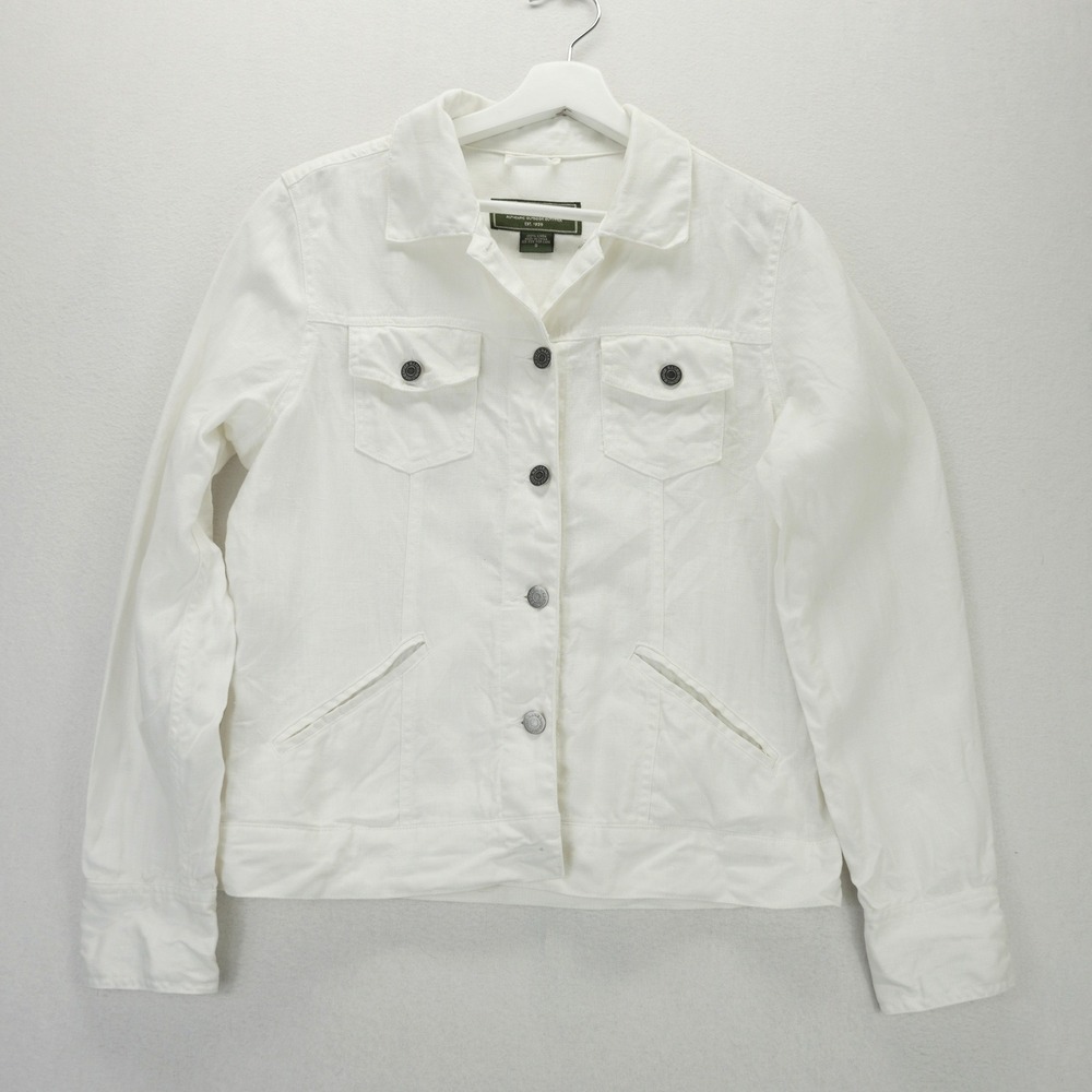 Eddie Bauer White 100% Linen Trucker Jacket Womens S Lightweight Button Front